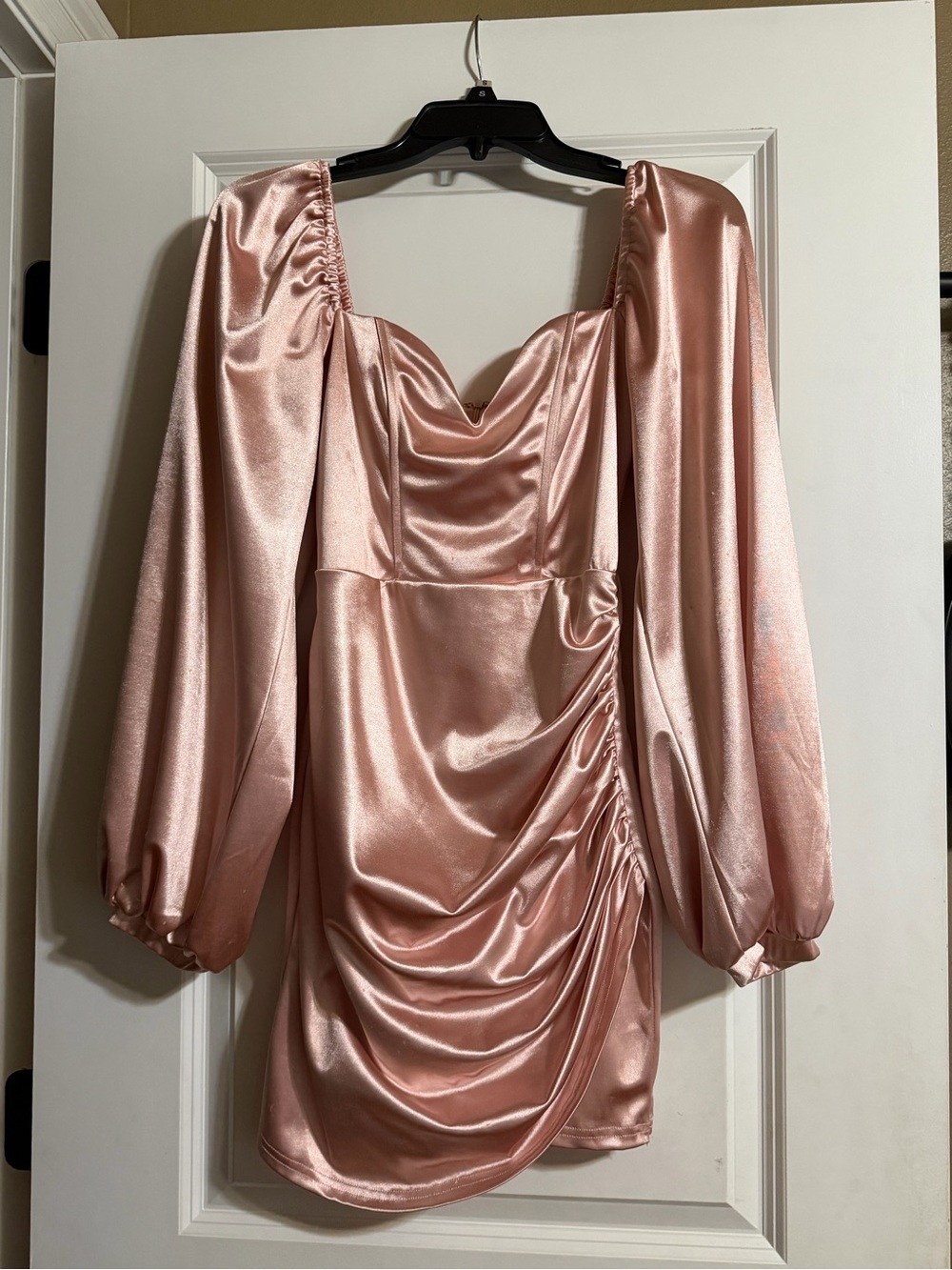 Satin Ruched Long-Sleeve Mini Dress in Blush